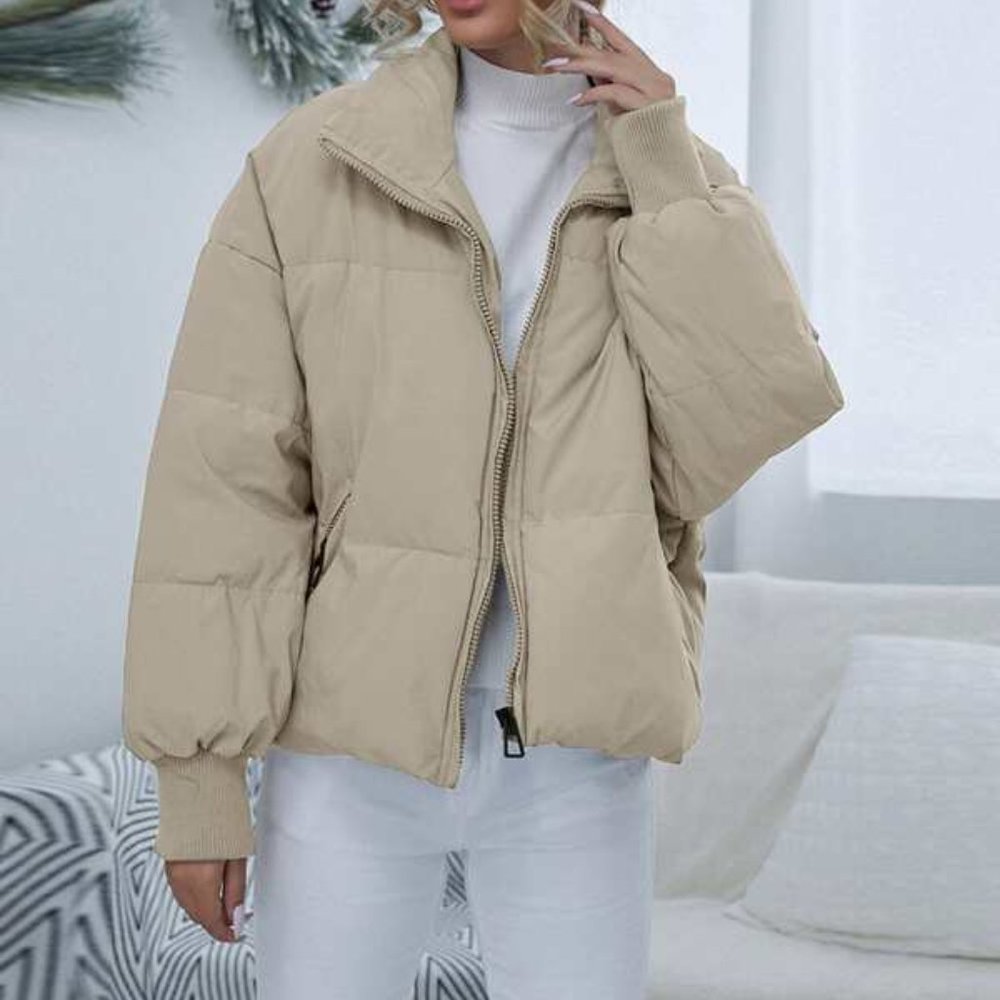 Contemporary Puffer Coat - light tan khaki - Picture 6 of 8
